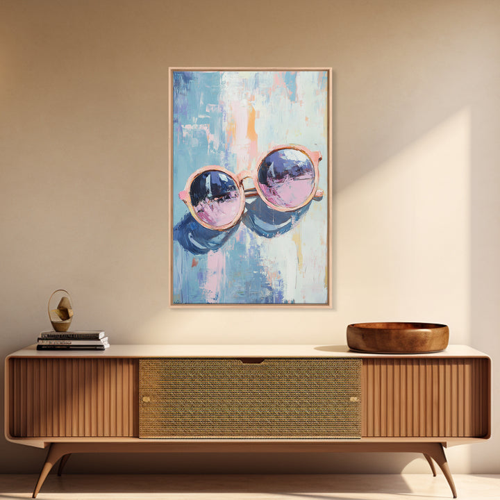 Pink Sunglasses On Blue Abstract Canvas Print, Fashion Wall Art, Dopamine Decor, Trendy Prints, Cool Girl Room Decor, Modern Wall Decor