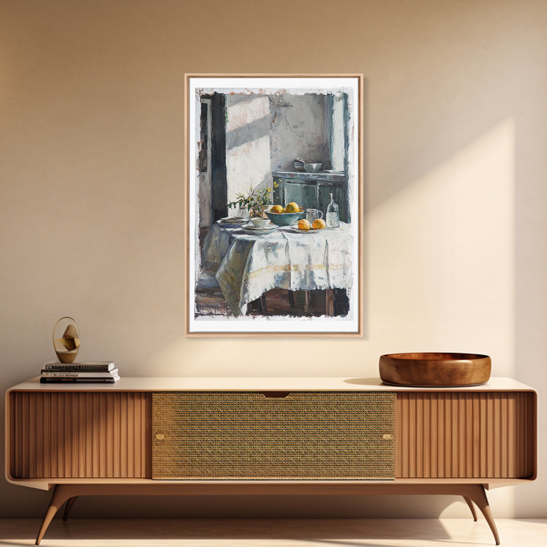 Sunlit Breakfast Table With Oranges Wall Art, Rustic Kitchen Decor, French Country Print, Still Life Art, Housewarming Gift