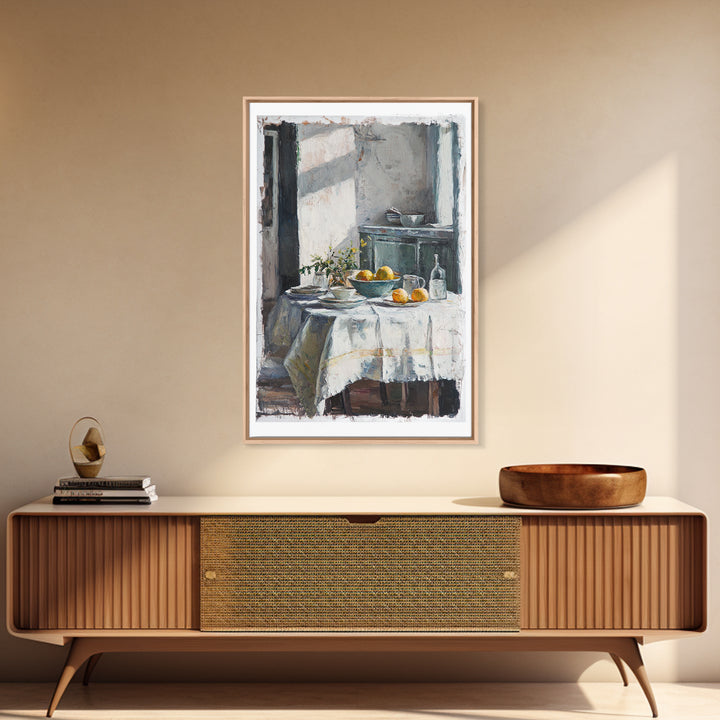 Sunlit Breakfast Table With Oranges Wall Art, Rustic Kitchen Decor, French Country Print, Still Life Art, Housewarming Gift