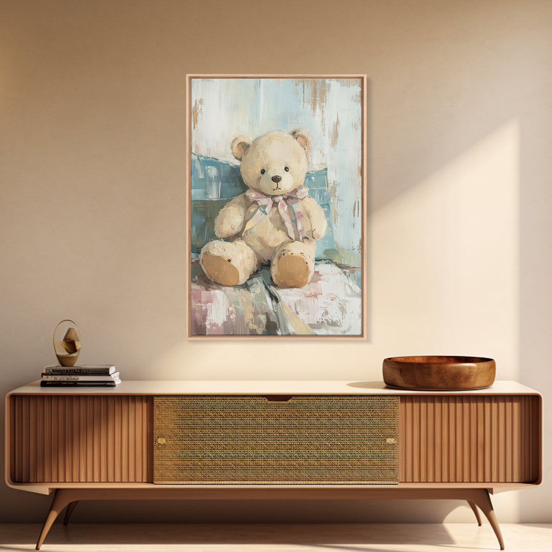 Cream Teddy Bear On Blue Pillow Framed Canvas Print, Nursery Wall Art, Kids Room Decor, Baby Shower Gift, Neutral Nursery Decor
