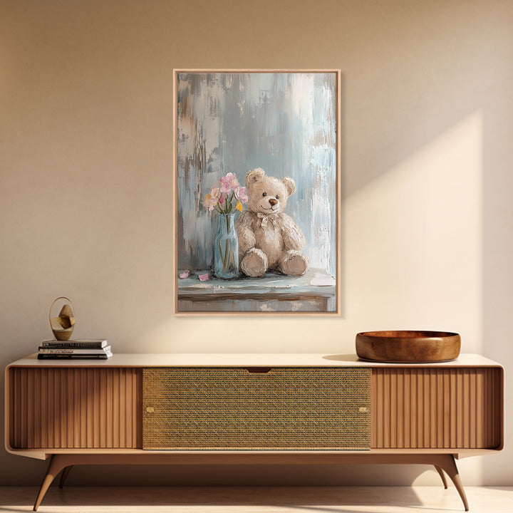 Smiling Teddy Bear With Pink Flowers Wall Art, Nursery Decor, Kids Room Art, Baby Shower Gift, Whimsical Animal Print, Girl Nursery Decor