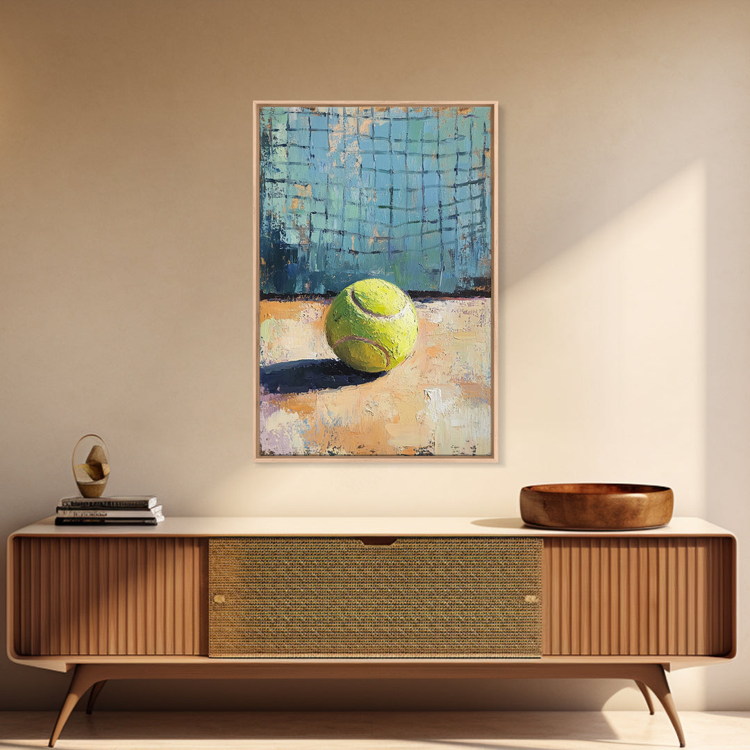 Bright Tennis Ball By Court Net Wall Art, Sports Room Decor, Game Room Art Print, Athletic Gift For Him, Home Gym Decor, Office Decor