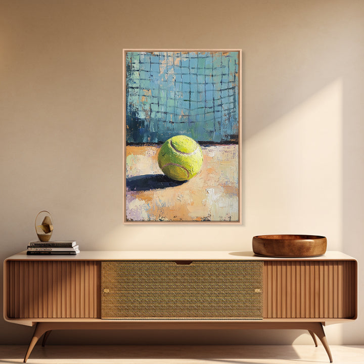 Bright Tennis Ball By Court Net Wall Art, Sports Room Decor, Game Room Art Print, Athletic Gift For Him, Home Gym Decor, Office Decor