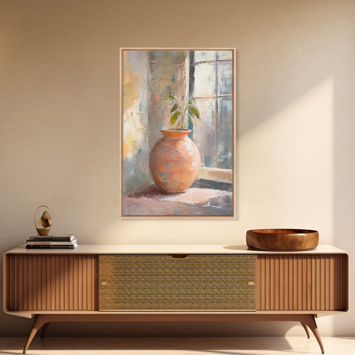 Terracotta Vase With Green Plant Framed Canvas Print, Rustic Botanical Wall Art, Neutral Home Decor, Entryway Wall Decor