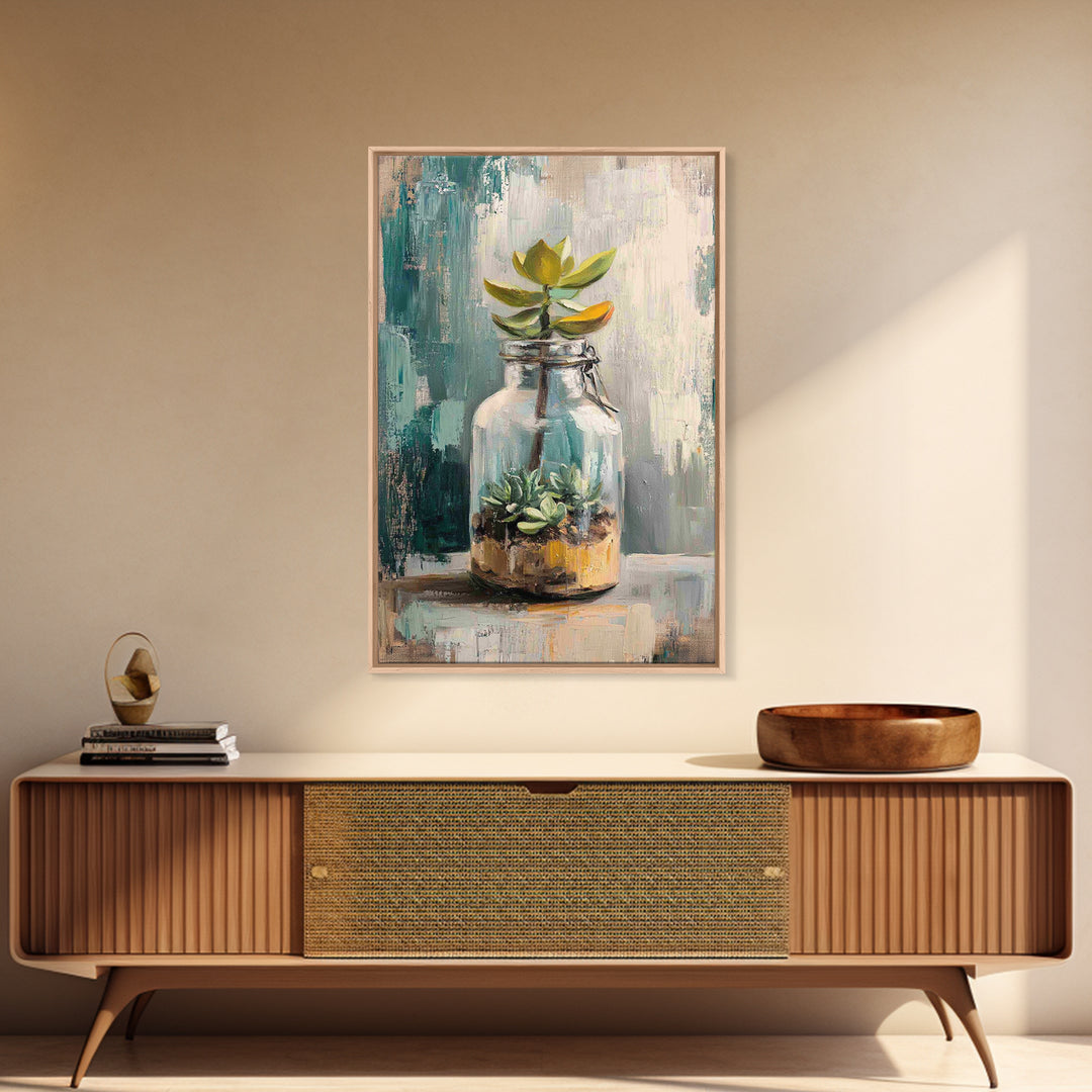 Succulent Terrarium In Glass Jar Wall Art, Botanical Canvas Print, Teal Still Life Decor, Plant Lover Housewarming Gift