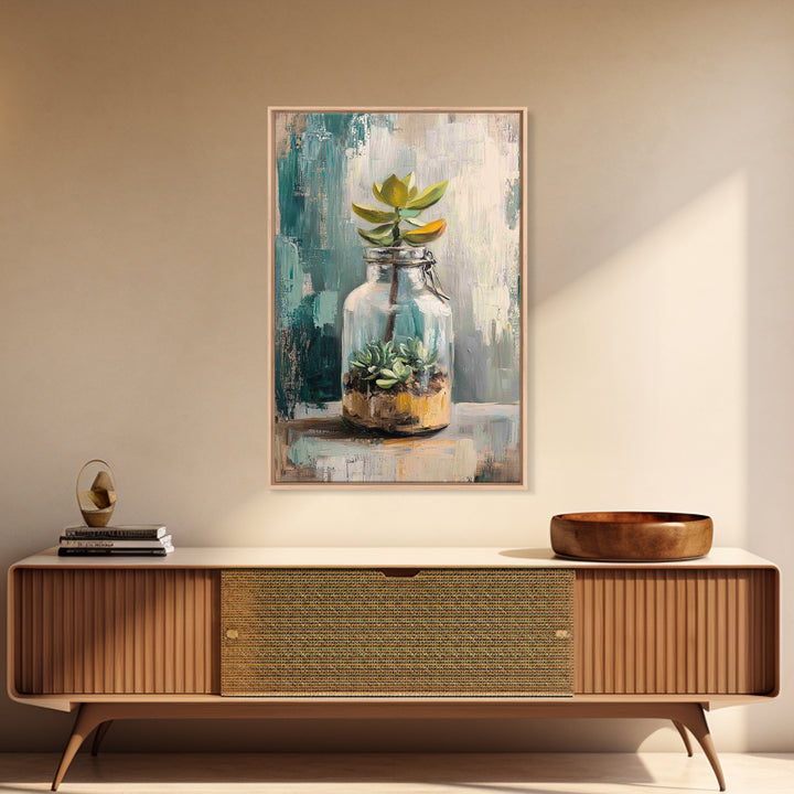 Succulent Terrarium In Glass Jar Wall Art, Botanical Canvas Print, Teal Still Life Decor, Plant Lover Housewarming Gift