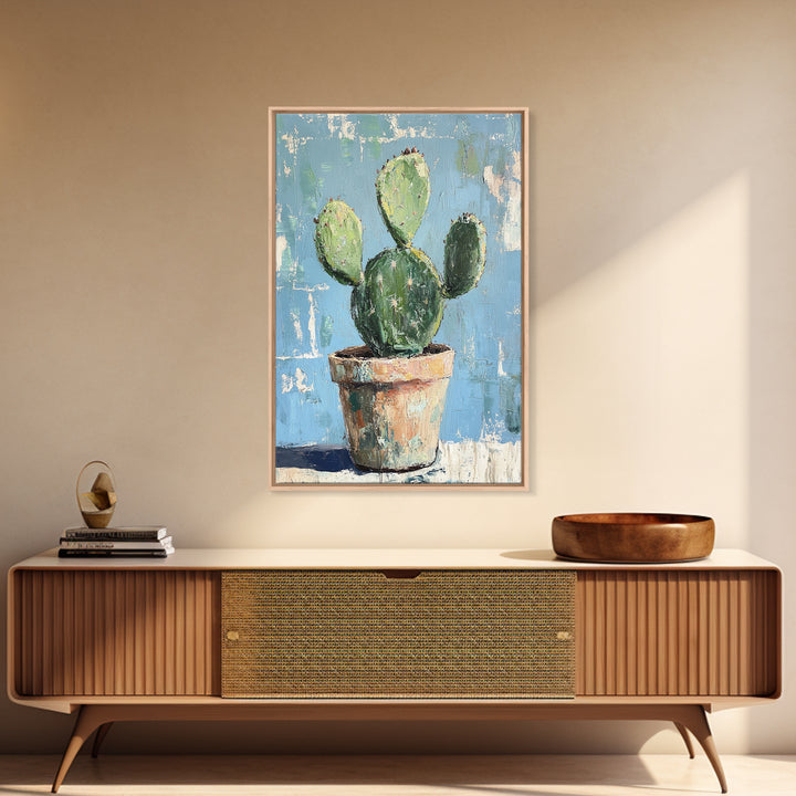 Prickly Pear Cactus In Clay Pot Wall Art, Desert Botanical Canvas Print, Southwest Decor, Plant Lover Housewarming Gift Idea