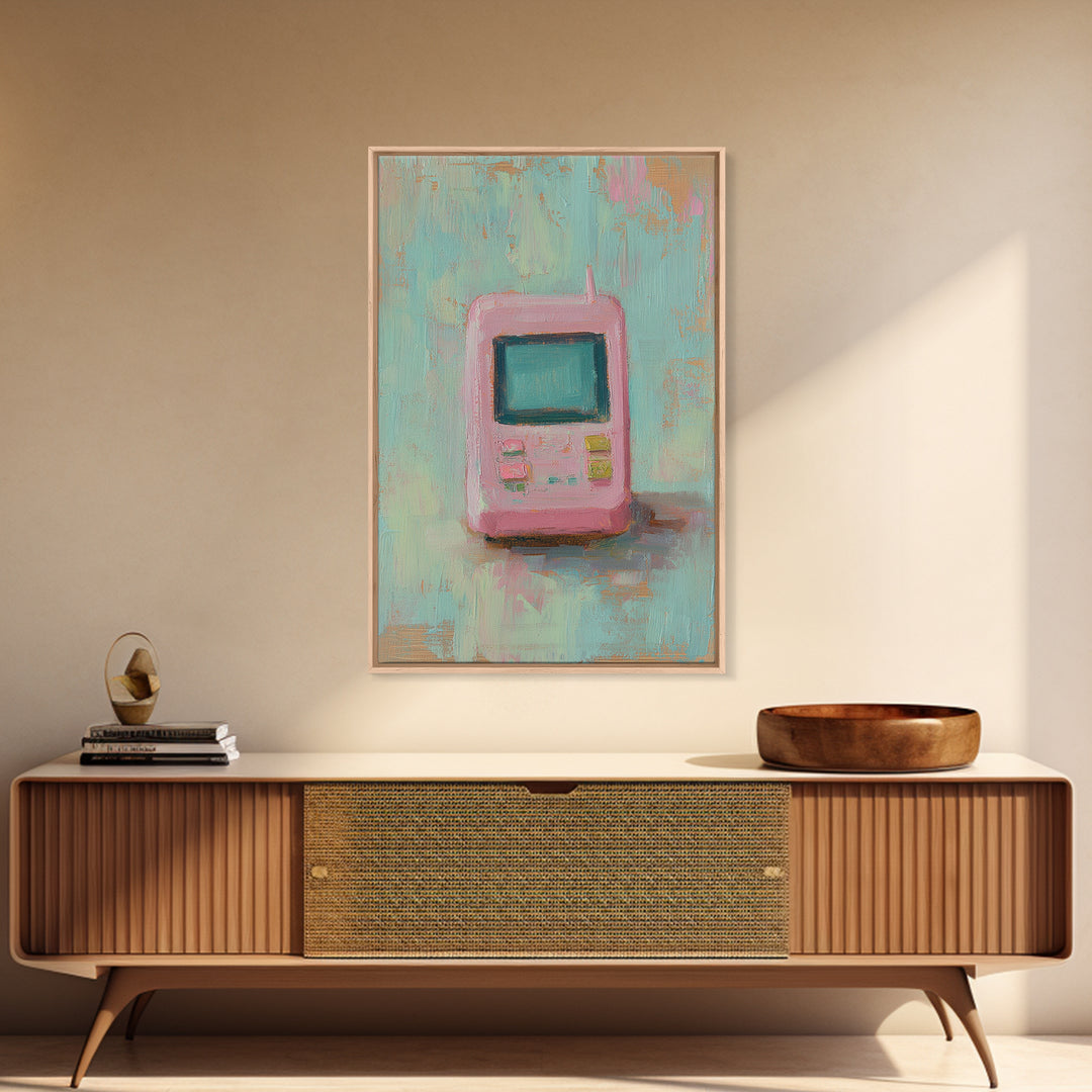 Pink Retro Handheld Game Wall Art, Nostalgic Tech Canvas Print, 90s Decor, Gamer Gift, Pastel Office Desk Art, Unique Home Decor