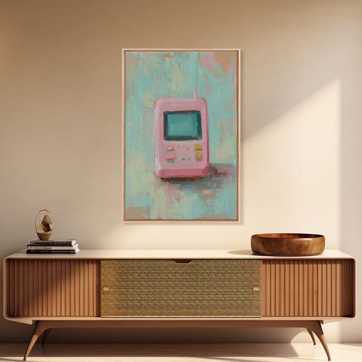 Pink Retro Handheld Game Wall Art, Nostalgic Tech Canvas Print, 90s Decor, Gamer Gift, Pastel Office Desk Art, Unique Home Decor