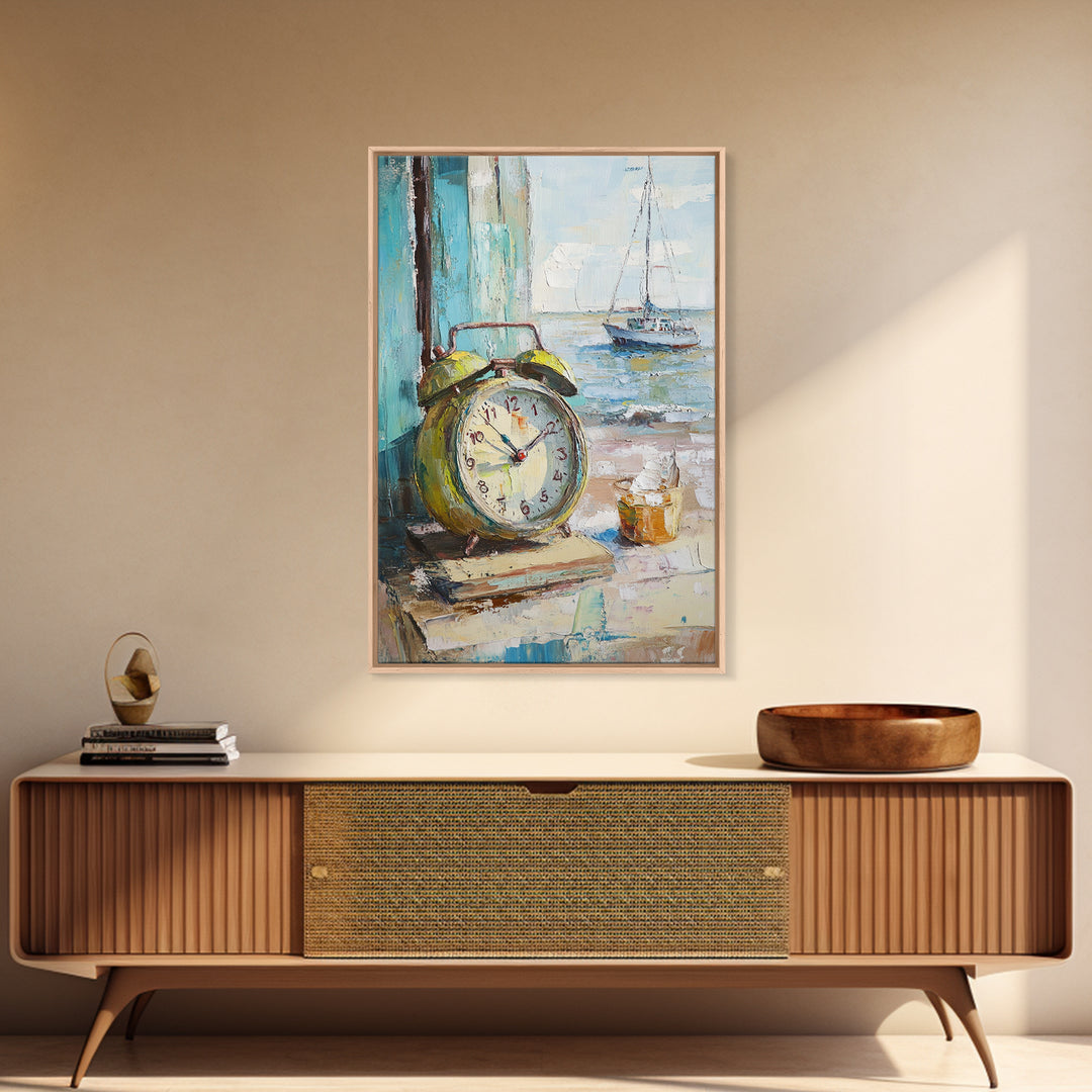 Nautical Alarm Clock Still Life Framed Canvas Print, Coastal Wall Art, Beach House Decor, Sailboat Ocean Art Print, Nautical Home Decor
