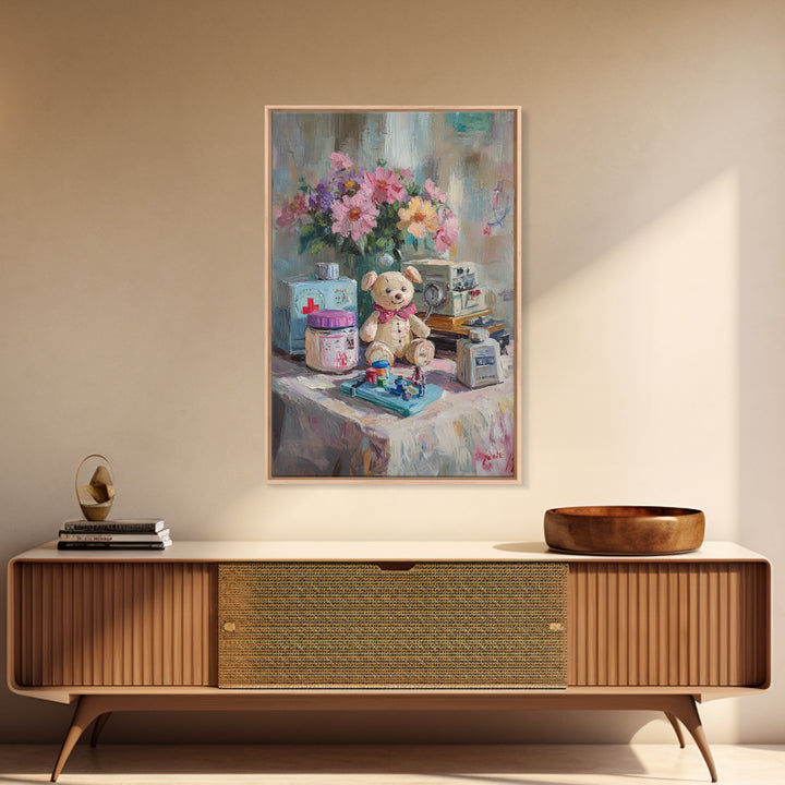 Teddy Bear Medical Kit Still Life Wall Art, Whimsical Nursery Decor, Doctor Office Art, Pediatric Room Canvas Print, Baby Shower Gift