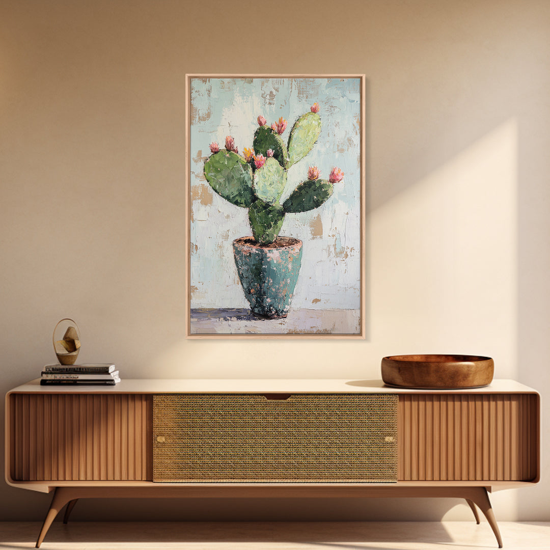 Prickly Pear Cactus In Rustic Pot Canvas Print, Desert Wall Art, Southwest Decor, Botanical Wall Decor, Plant Lover Gift