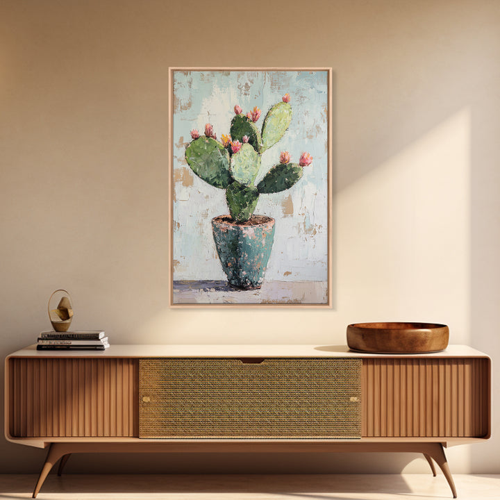Prickly Pear Cactus In Rustic Pot Canvas Print, Desert Wall Art, Southwest Decor, Botanical Wall Decor, Plant Lover Gift