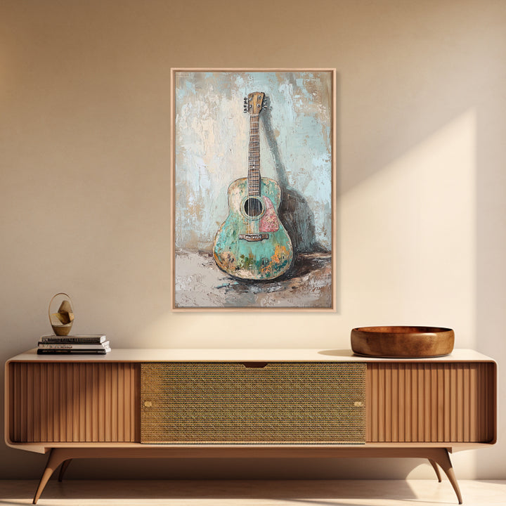 Weathered Turquoise Acoustic Guitar Canvas Print, Music Room Wall Art, Rustic Music Decor, Guitar Lover Gift, Studio Poster