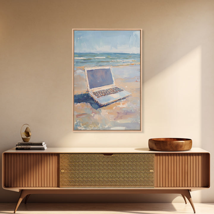 Open Laptop On Sandy Beach Framed Canvas Print, Coastal Wall Art, Remote Work Office Decor, Ocean Landscape Art Print, Beach House Decor
