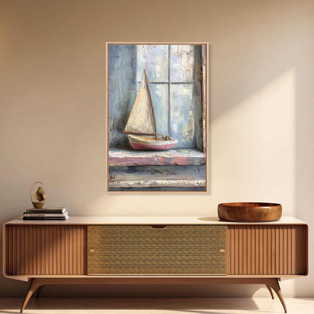 Weathered Sailboat On Window Sill Framed Canvas Print, Nautical Wall Art, Coastal Decor, Beach House Art, Seascape Art, Ocean Wall Decor