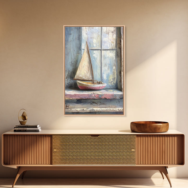 Weathered Sailboat On Window Sill Framed Canvas Print, Nautical Wall Art, Coastal Decor, Beach House Art, Seascape Art, Ocean Wall Decor