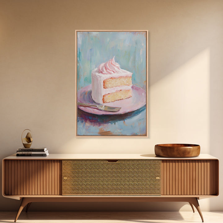 Pink Frosted Cake Slice On Plate Wall Art, Bakery Art Print, Kitchen Wall Art, Cute Kitchen Decor, Dessert Art, Gift For Her