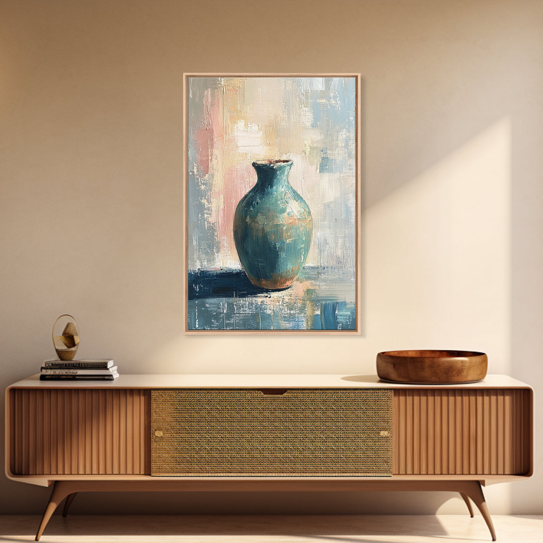 Turquoise Ceramic Vase Canvas Print, Modern Still Life Painting, Teal Wall Decor, Minimalist Art, Living Room Decor, Home Decor