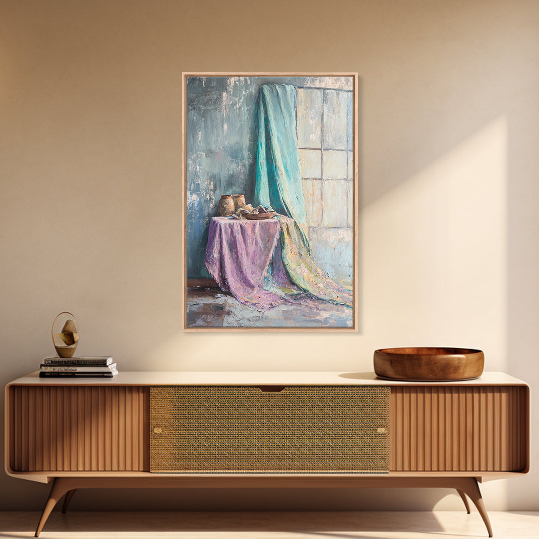Turquoise Draped Fabric Still Life Wall Art, Soft Pastel Table Scene, Contemporary Canvas Print, Living Room Wall Decor, Home Decor