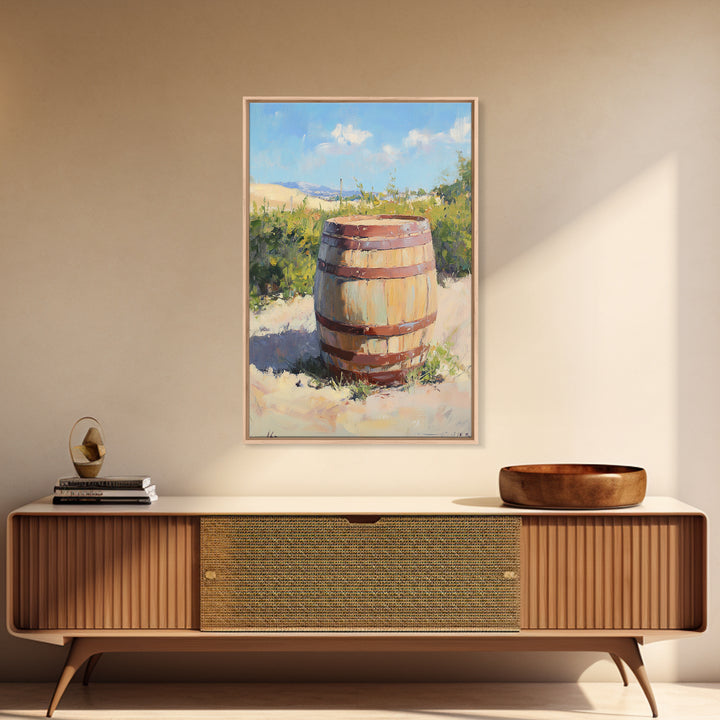 Sunlit Vineyard Wine Barrel Canvas Print, Rustic Winery Landscape Painting, Wine Wall Art, Kitchen Decor, Gift For Wine Lover