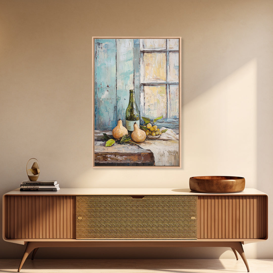 Wine Bottle Pears And Grapes By Window Canvas Print, Rustic Kitchen Wall Art For Dining Room Decor And French Country Decor