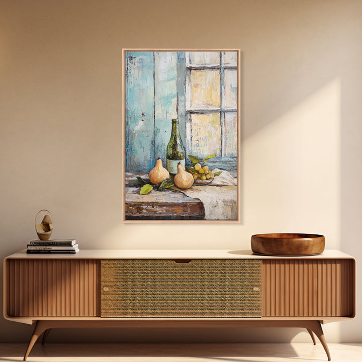 Wine Bottle Pears And Grapes By Window Canvas Print, Rustic Kitchen Wall Art For Dining Room Decor And French Country Decor