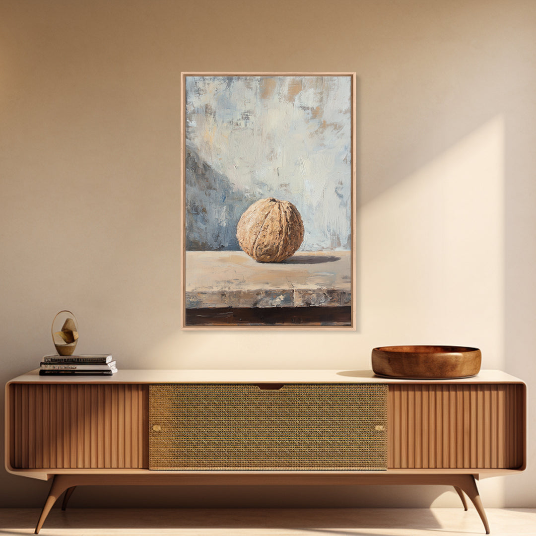 Minimal Walnut Still Life On Shelf Canvas Print, Neutral Kitchen Wall Art For Rustic Home Decor And Farmhouse Wall Decor