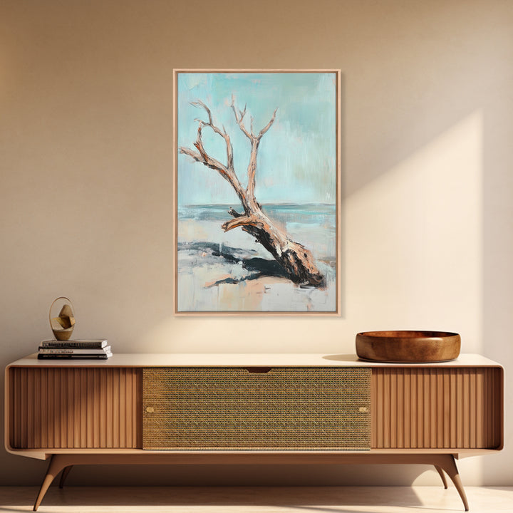 Weathered Driftwood On Quiet Beach Canvas Print, Coastal Wall Art, Minimalist Seascape Decor, Neutral Ocean Landscape Art