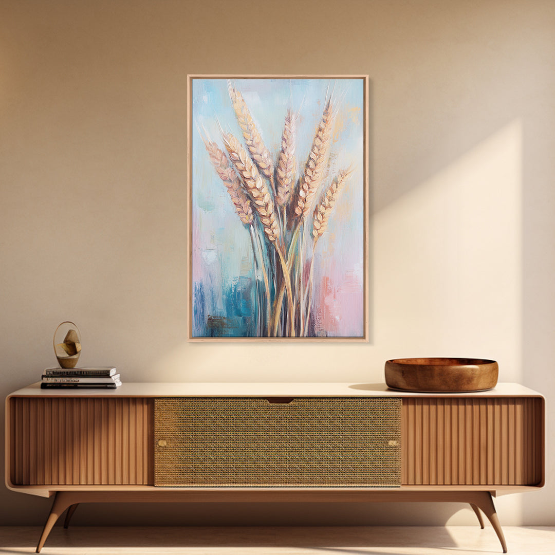 Golden Wheat Stalks In Soft Pastel Light Framed Canvas Print, Rustic Farmhouse Wall Art, Country Kitchen Decor, Housewarming Gift
