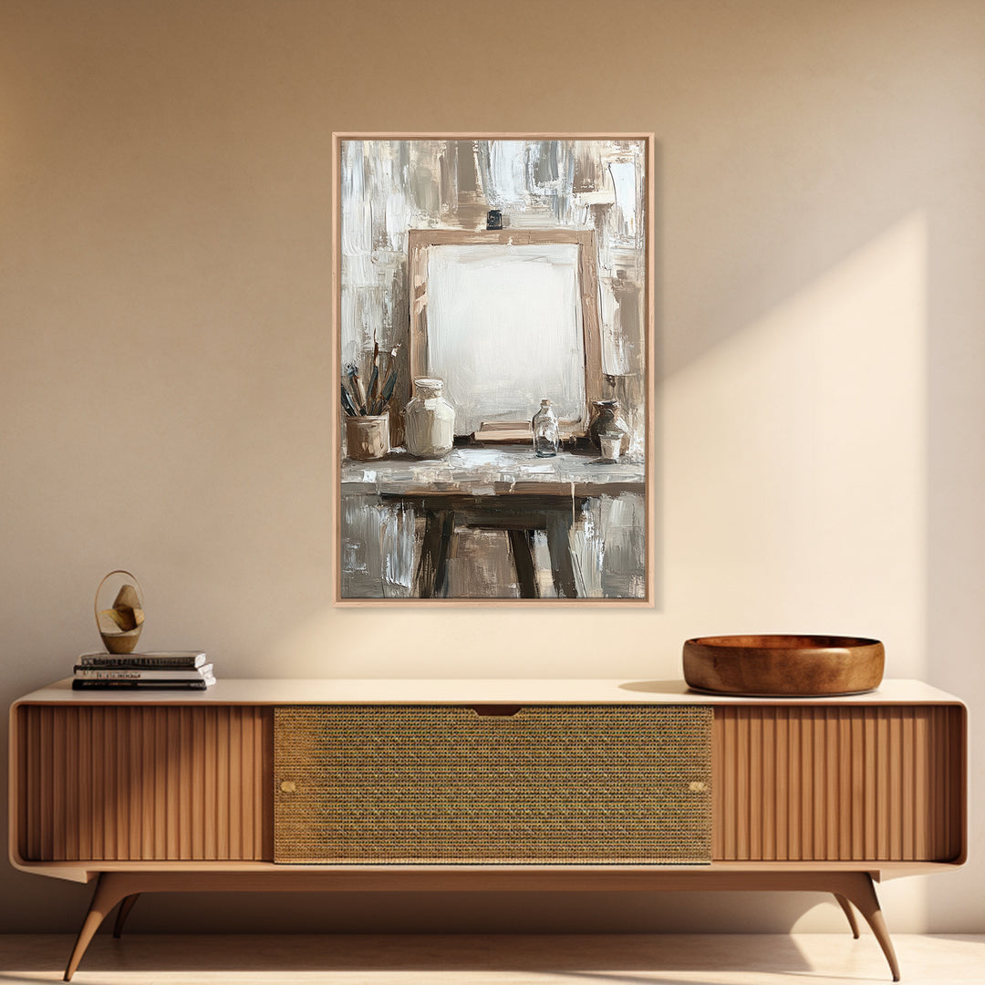 Neutral Artist Studio Easel And Paintbrushes Framed Canvas Print, Minimalist Office Wall Art, Rustic Home Decor For Creative Spaces