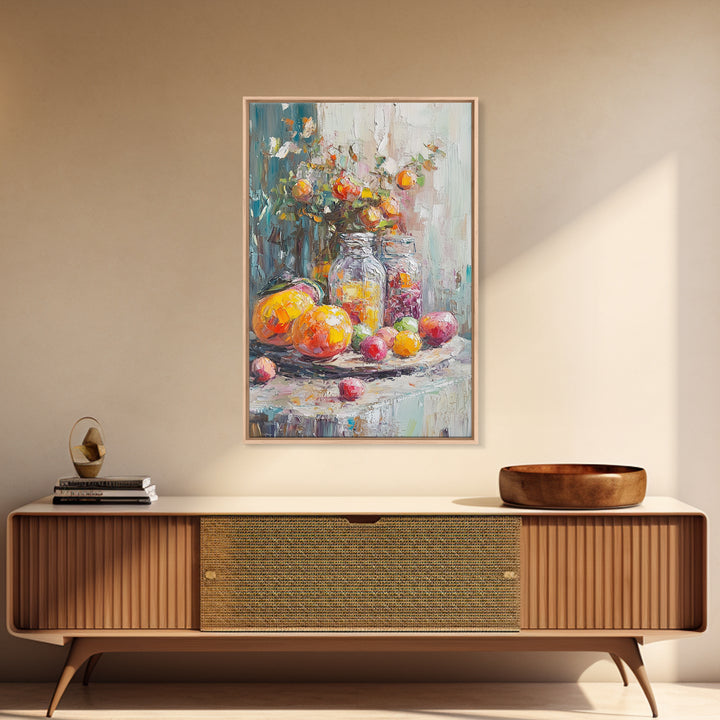 Colorful Citrus Fruit Still Life With Glass Jars Canvas Print, Kitchen Wall Art, Rustic Farmhouse Dining Room Decor, Foodie Gift