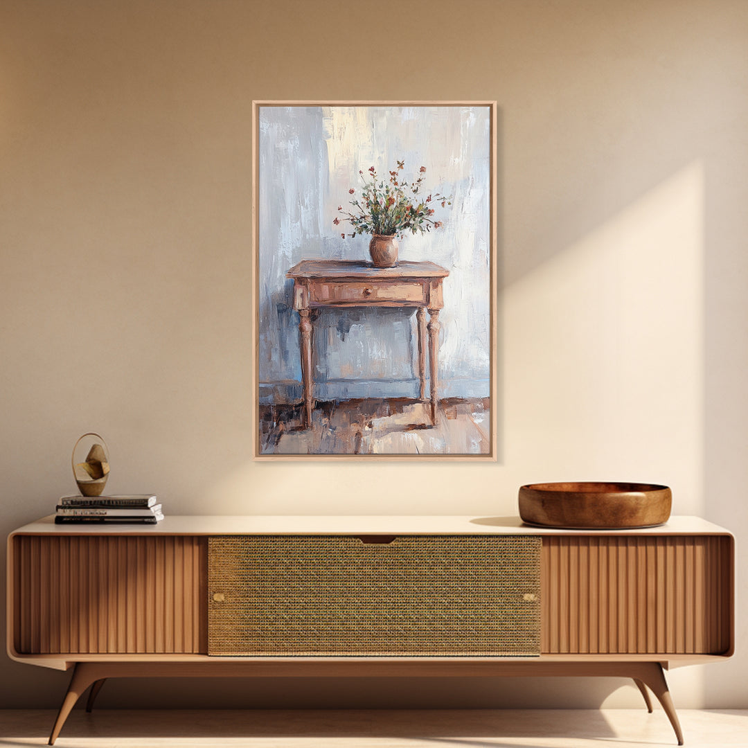 Rustic Console Table With Wildflower Vase Wall Art, Neutral Farmhouse Canvas Print, Entryway Living Room Wall Decor, Home Decor