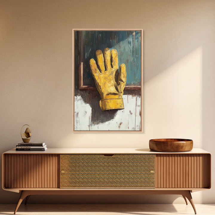 Yellow Work Glove On Rustic Chalkboard Wall Art, Industrial Garage Canvas Print, Tool Room Man Cave Wall Decor, Gift For Him