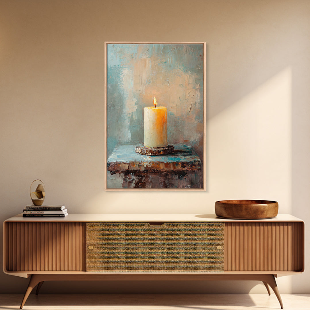 Glowing Ivory Candle On Rustic Table Canvas Print, Calming Still Life Wall Art For Spa Decor, Meditation Room, Cozy Home