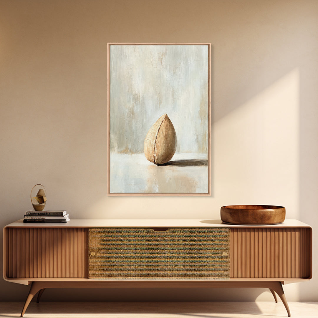 Single Almond Shell Minimalist Canvas Print, Neutral Still Life Wall Art For Kitchen, Japandi Decor, Organic Modern Home