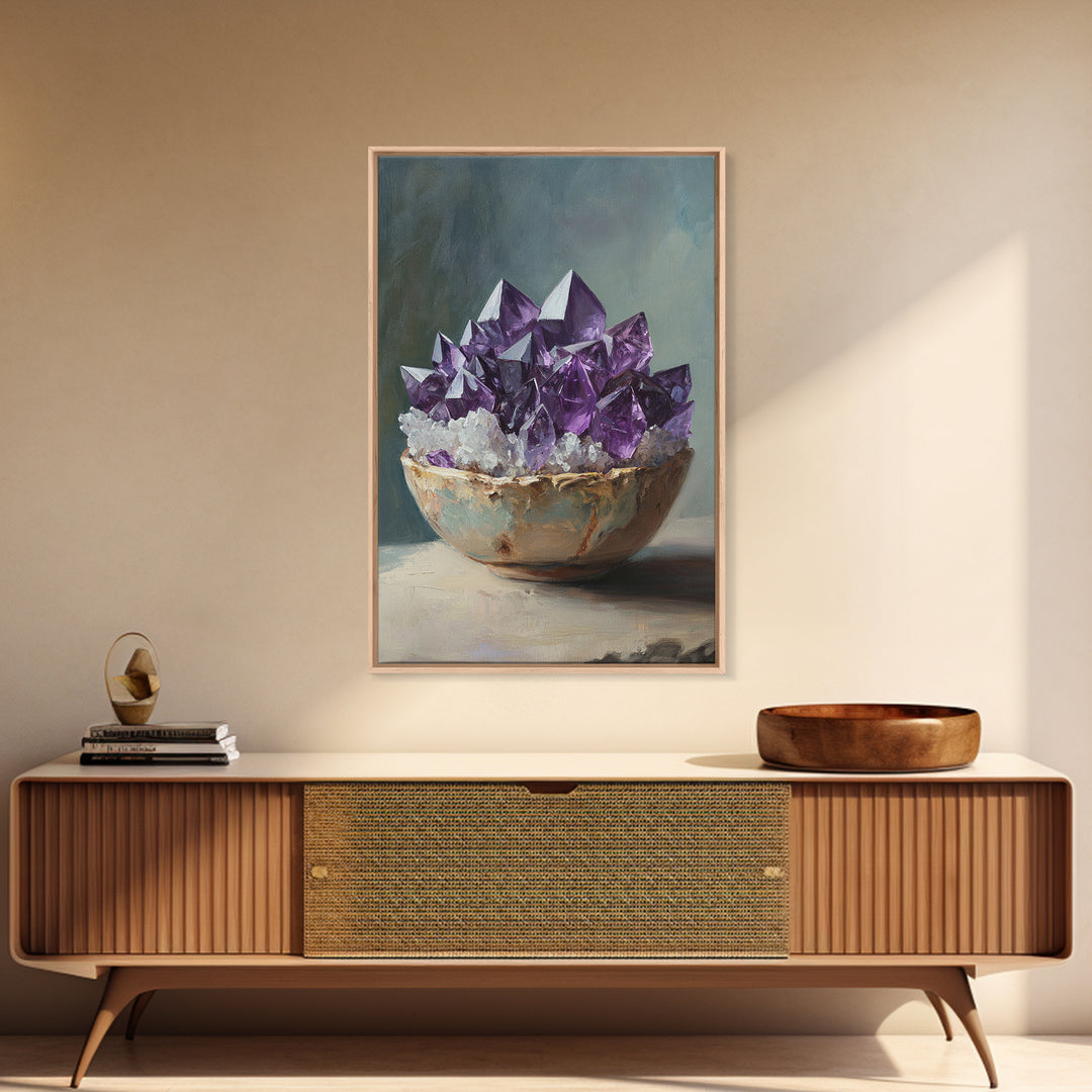 Purple Amethyst Crystals In Rustic Bowl Canvas Print, Crystal Wall Art, Spiritual Decor, Boho Home Decor, Gift For Her, Living Room Decor