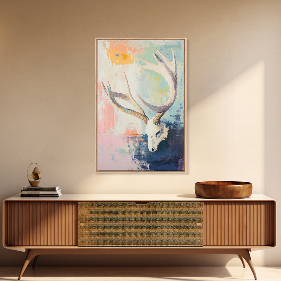 White Deer Skull With Antlers On Pastel Abstract Canvas Print, Western Wall Art, Boho Wall Decor, Rustic Cabin Home Decor