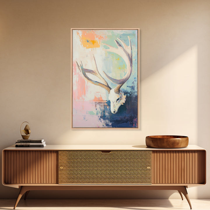 White Deer Skull With Antlers On Pastel Abstract Canvas Print, Western Wall Art, Boho Wall Decor, Rustic Cabin Home Decor