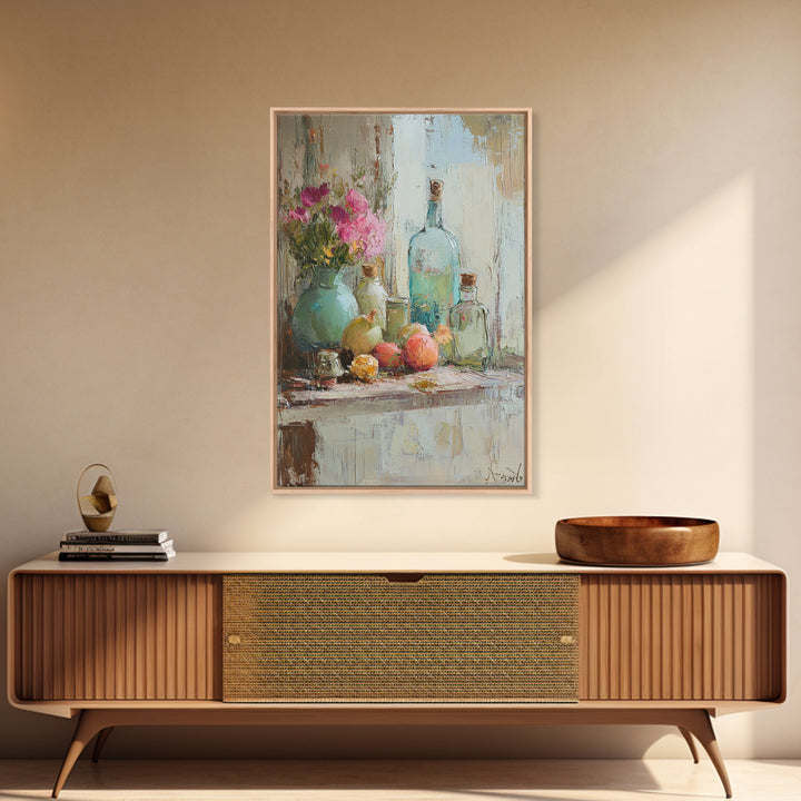 Flowers Bottles And Fruit Framed Canvas Print, Impressionist Still Life Wall Art, Kitchen Decor, Dining Room Prints, Home Decor