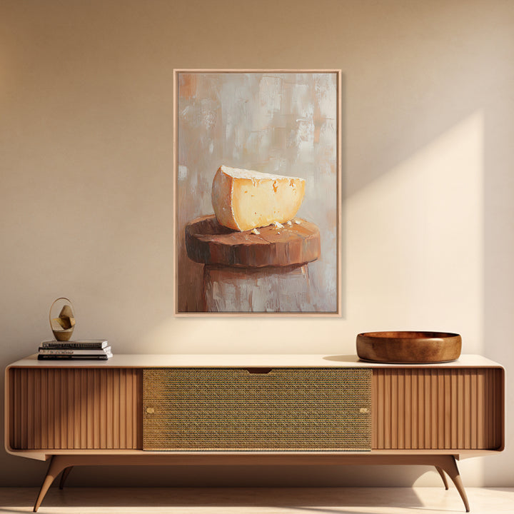 Cheese Wedge On Rustic Stool Canvas Print, Minimalist Kitchen Wall Art, Food Still Life, Farmhouse Decor, Gift For Foodie