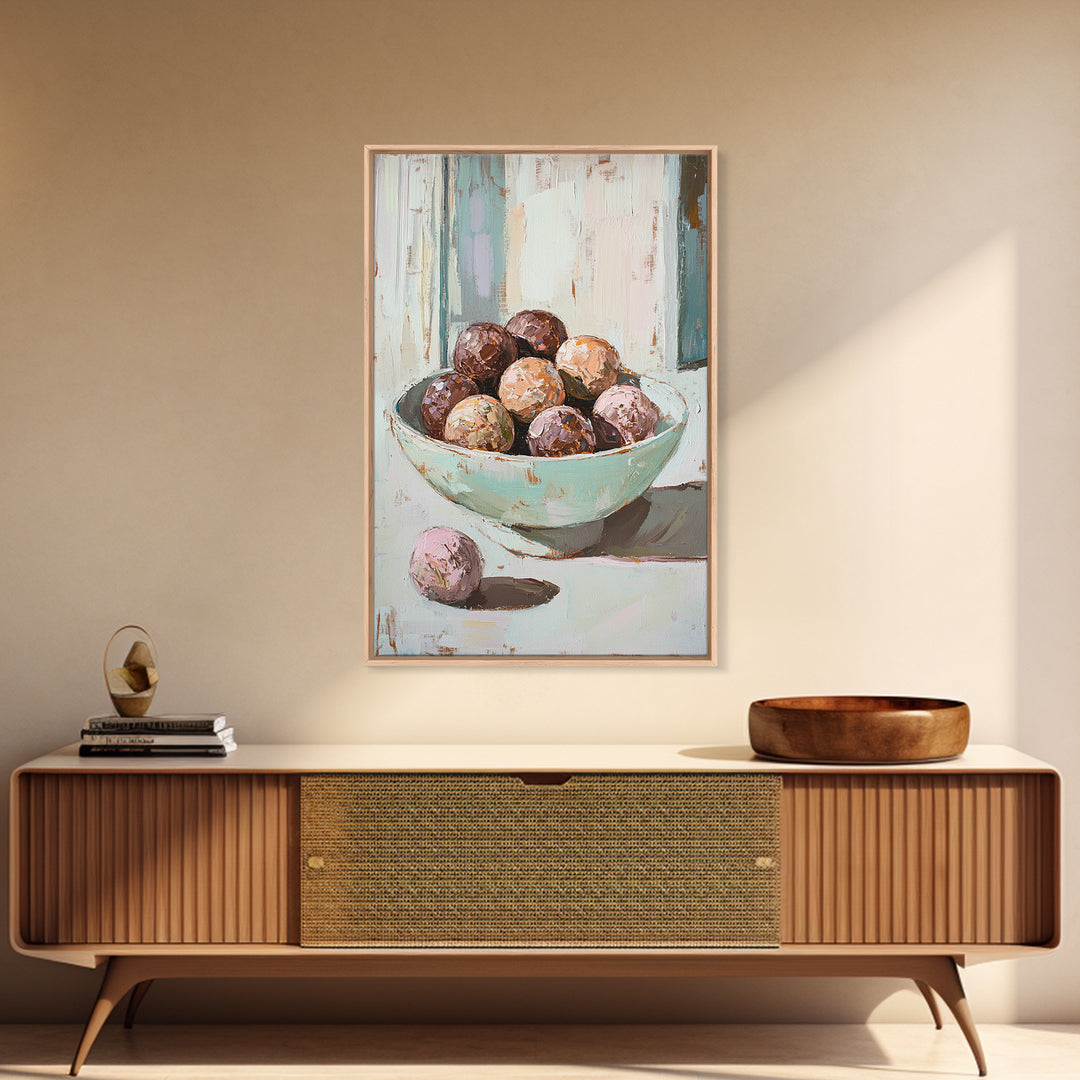 Pastel Bowl Of Chocolate Truffles Wall Art, Kitchen Decor, Food Still Life Painting, Whimsical Bakery Art Print Gift For Her