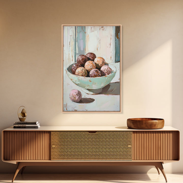 Pastel Bowl Of Chocolate Truffles Wall Art, Kitchen Decor, Food Still Life Painting, Whimsical Bakery Art Print Gift For Her