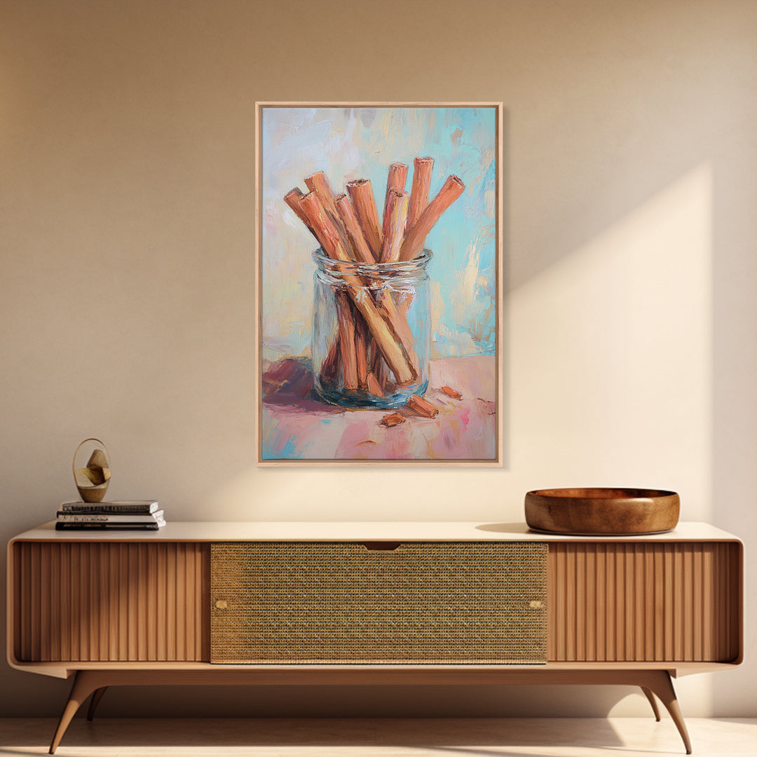 Cinnamon Sticks In Glass Jar Framed Canvas Print, Rustic Kitchen Wall Art, Spice Painting, Farmhouse Home Decor Gift Idea
