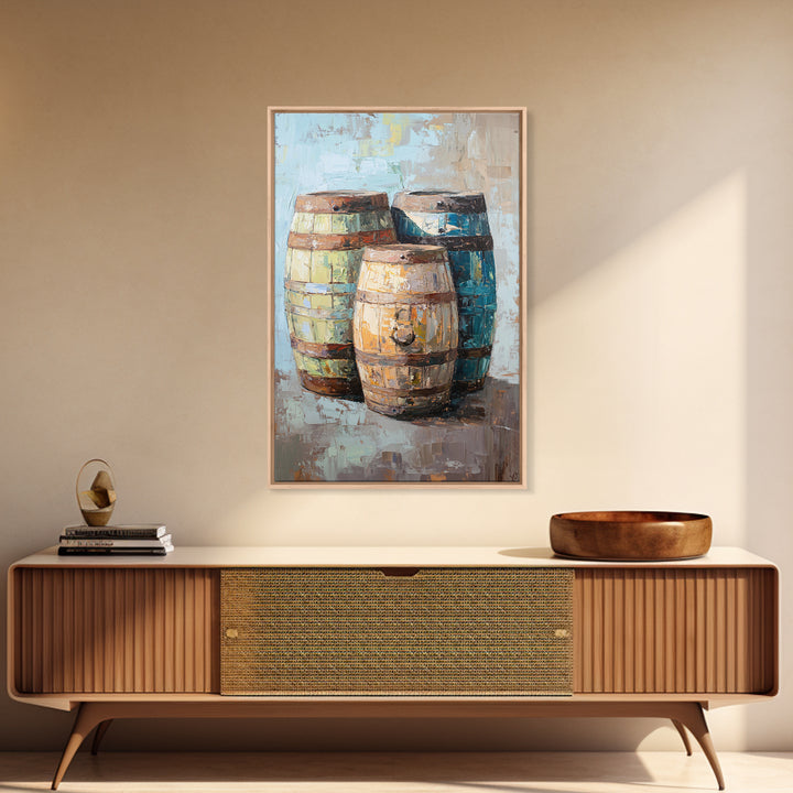 Rustic Wine Barrels Still Life Framed Canvas Print, Winery Wall Art, Home Bar Decor, Farmhouse Kitchen Gift For Him Idea