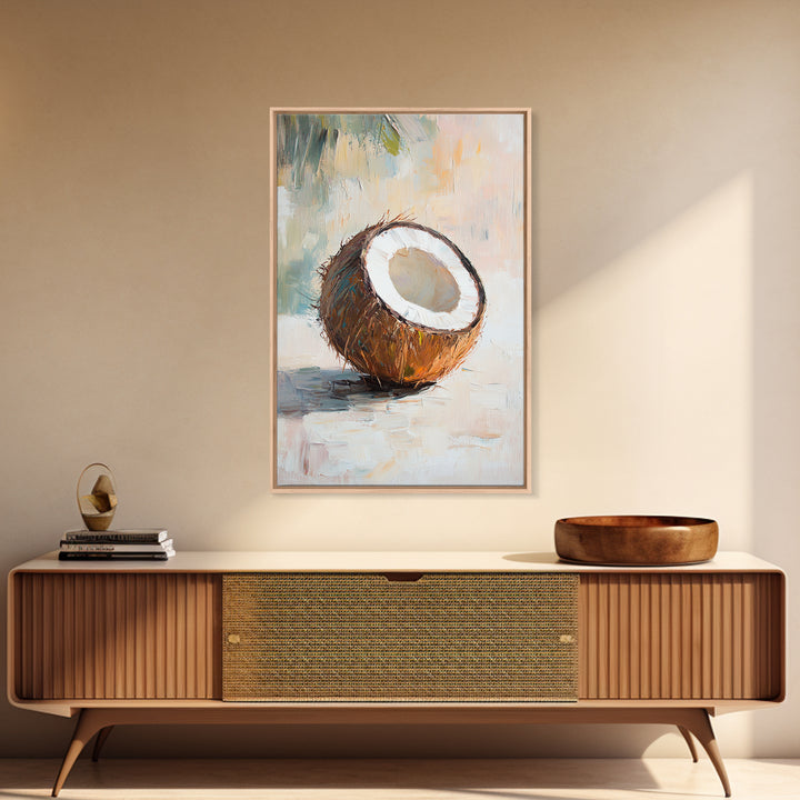 Split Coconut Still Life Canvas Print, Tropical Kitchen Wall Art, Coastal Home Decor, Food Art Print, Rustic Beach House Gift