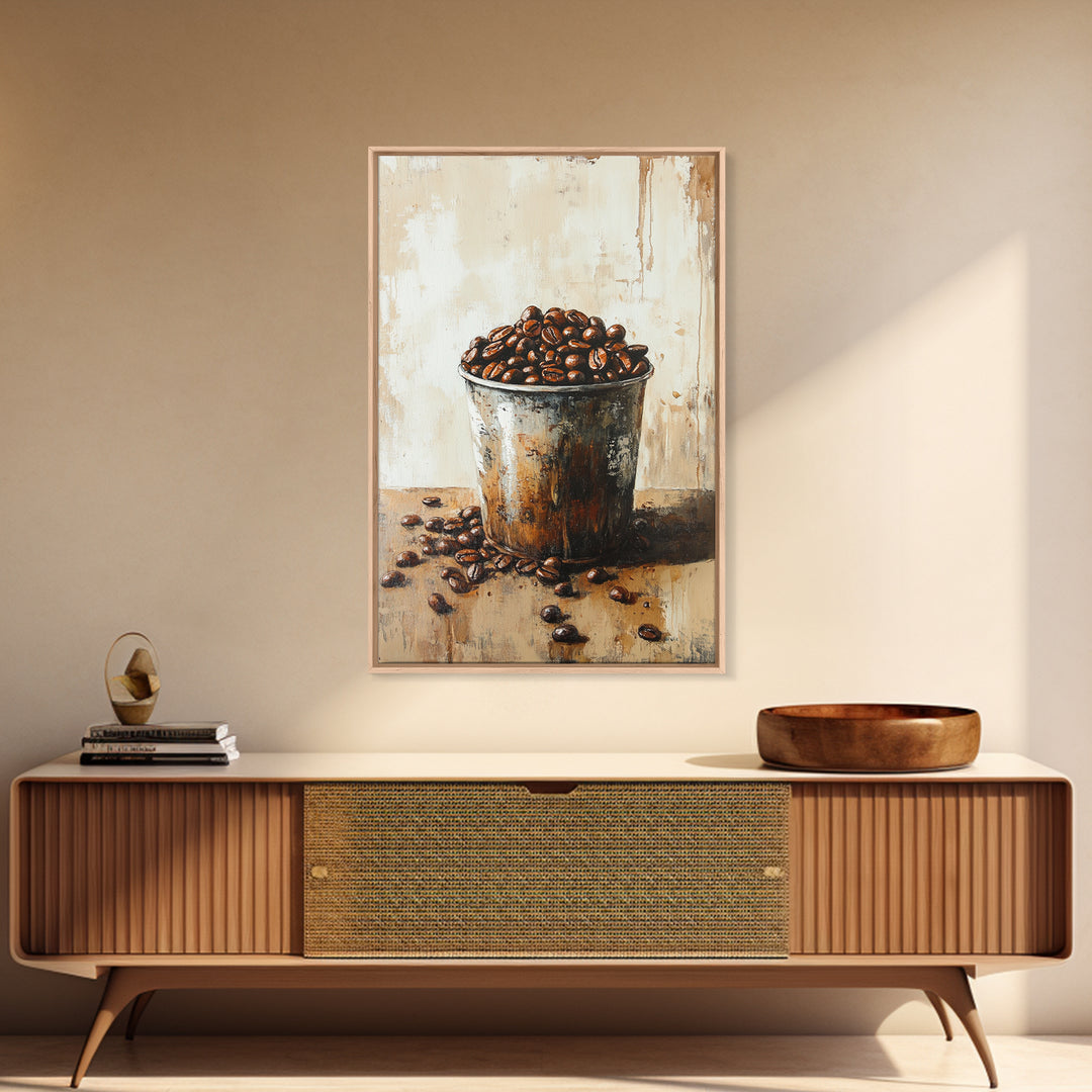 Coffee Beans In Rustic Tin Canvas Print, Kitchen Wall Art, Coffee Bar Decor, Cafe Poster, Foodie Gift For Coffee Lovers Art