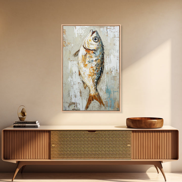 Silver Fish Impasto Canvas Print, Coastal Kitchen Wall Art, Nautical Seafood Decor, Ocean Animal Art Print, Beach House Gift