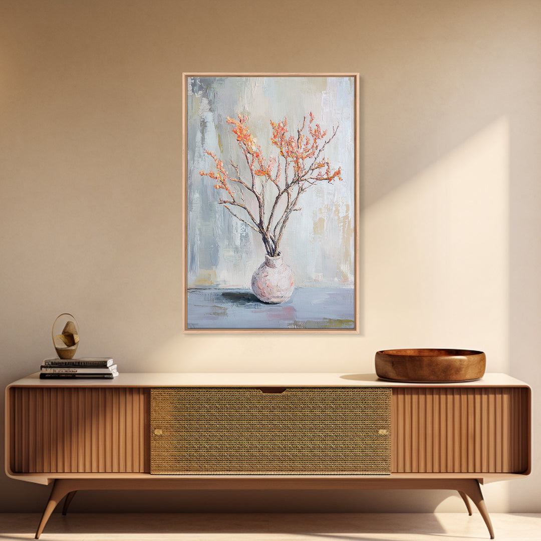 Orange Blossom Branches In Ceramic Vase Canvas Print, Minimalist Botanical Wall Art, Japandi Decor, Calm Neutral Home Gift