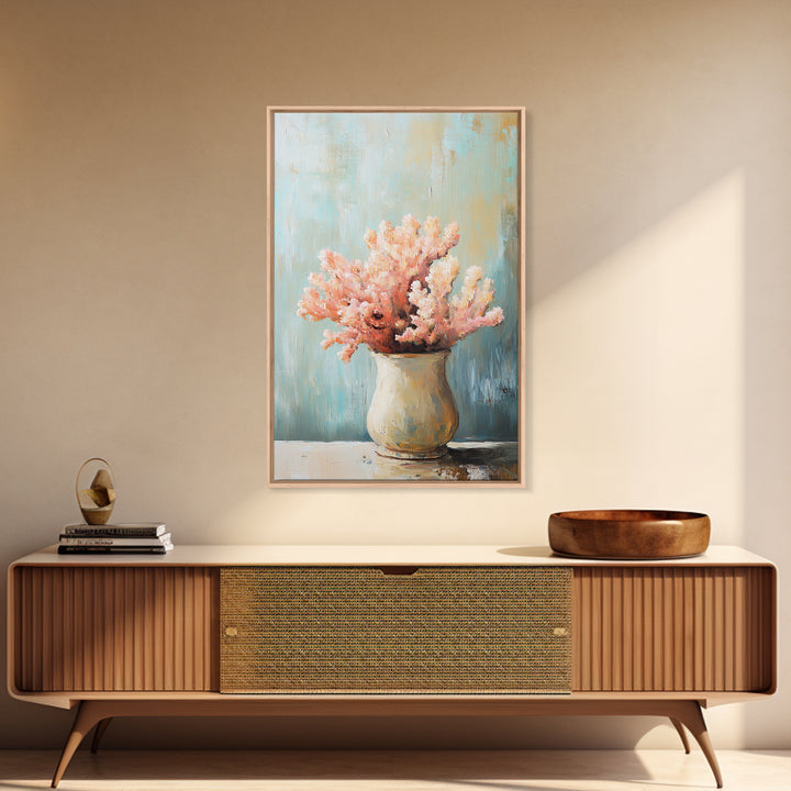 Pink Coral Still Life In Ceramic Vase, Framed Canvas Print, Coastal Wall Art, Beach House Decor, Soft Pastel Home Decor Gift